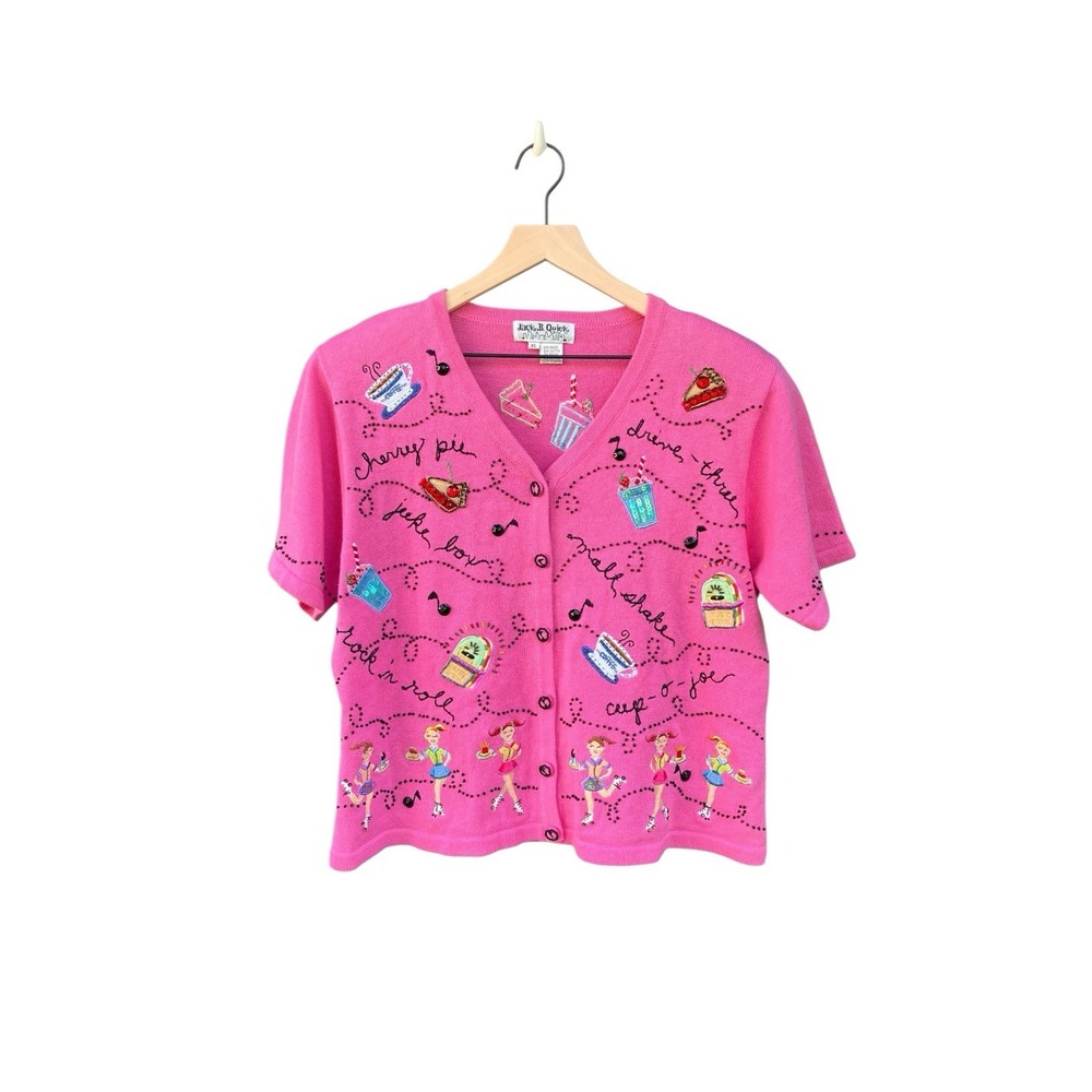 Jack B. Quick Vintage 90s Novelty Cardigan XL Pink 50s Diner Rockabilly